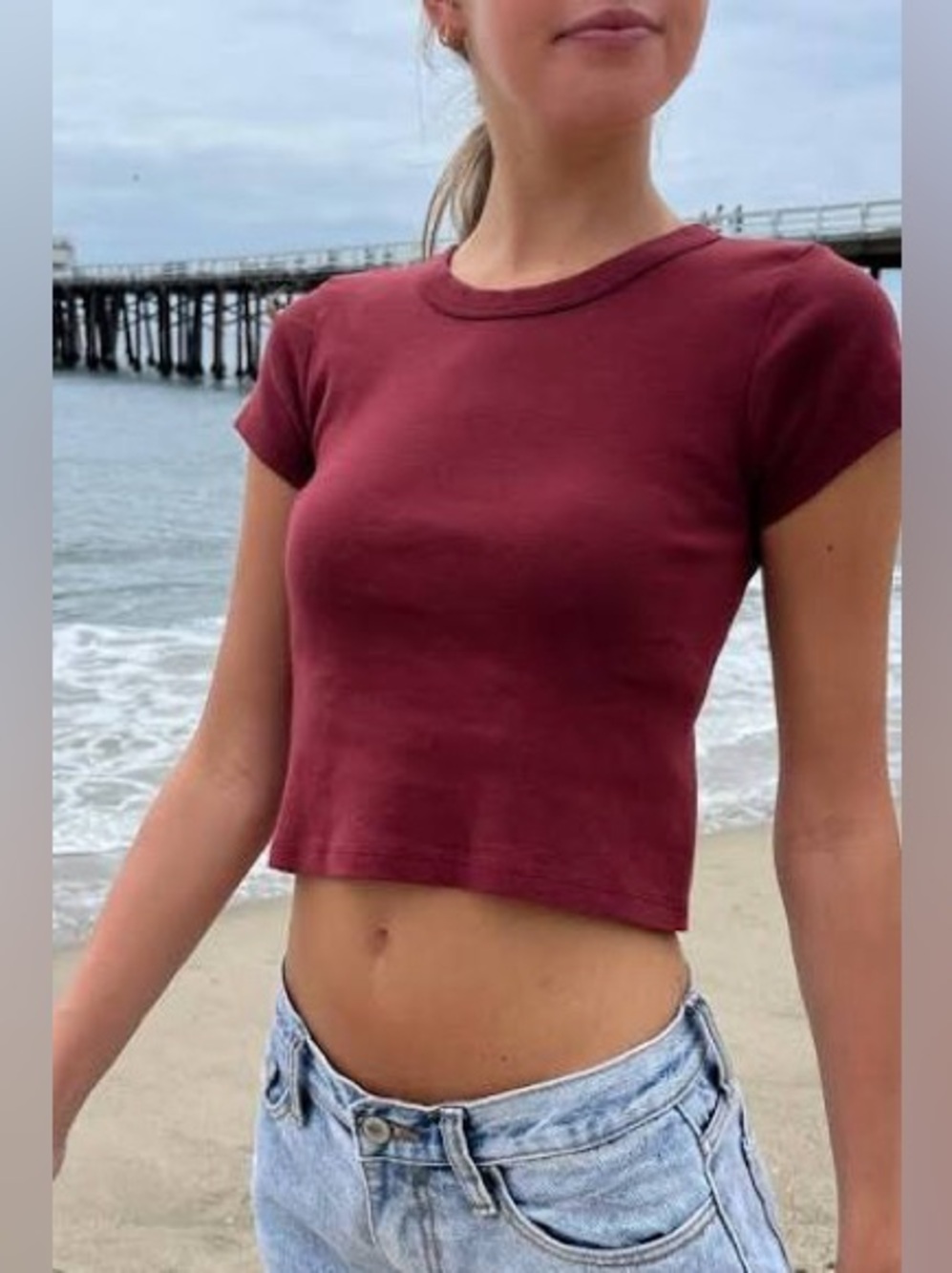 Brandy Melville Burgundy Short-Sleeve Ribbed Crop Top